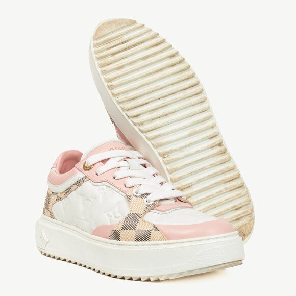 Louis Vuitton Time Out Rose Clair Pink Embossed-Calfskin & Damier Azur Sneakers - Picture 4 of 12